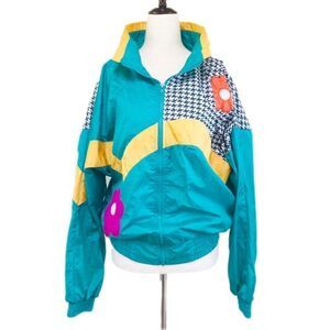 VINTAGE 80s 90s Color Block‎ Windbreaker Jacket Teal Floral Size Large